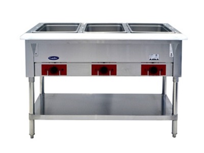STEAM TABLE 44-1/8&quot;W (3) OPEN 
PAN WELLS W/WATER PANS 500 
WATTS PER WELL 1 YR PARTS &amp;  
LABOR WARRANTY 120/60/1