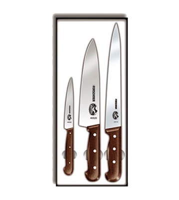 CHEF&#39;S KNIFE SET-3 PIECE 
INCLUDES: 8&quot; SLICER,8&quot; CHEF, 
4.75 UTILITY-ROSEWOOD HANDLES