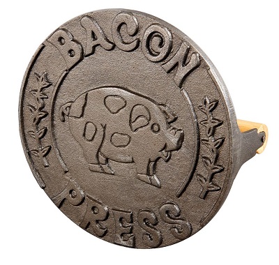 STEAK/BACON WEIGHT-7-3/4&quot;  ROUND-WOOD HANDLE-CAST IRON