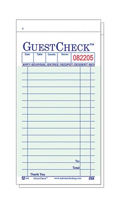 GUEST CHECK MEDIUM GREEN 3.5&quot; 
X 6.75 WITH CARBON COPY